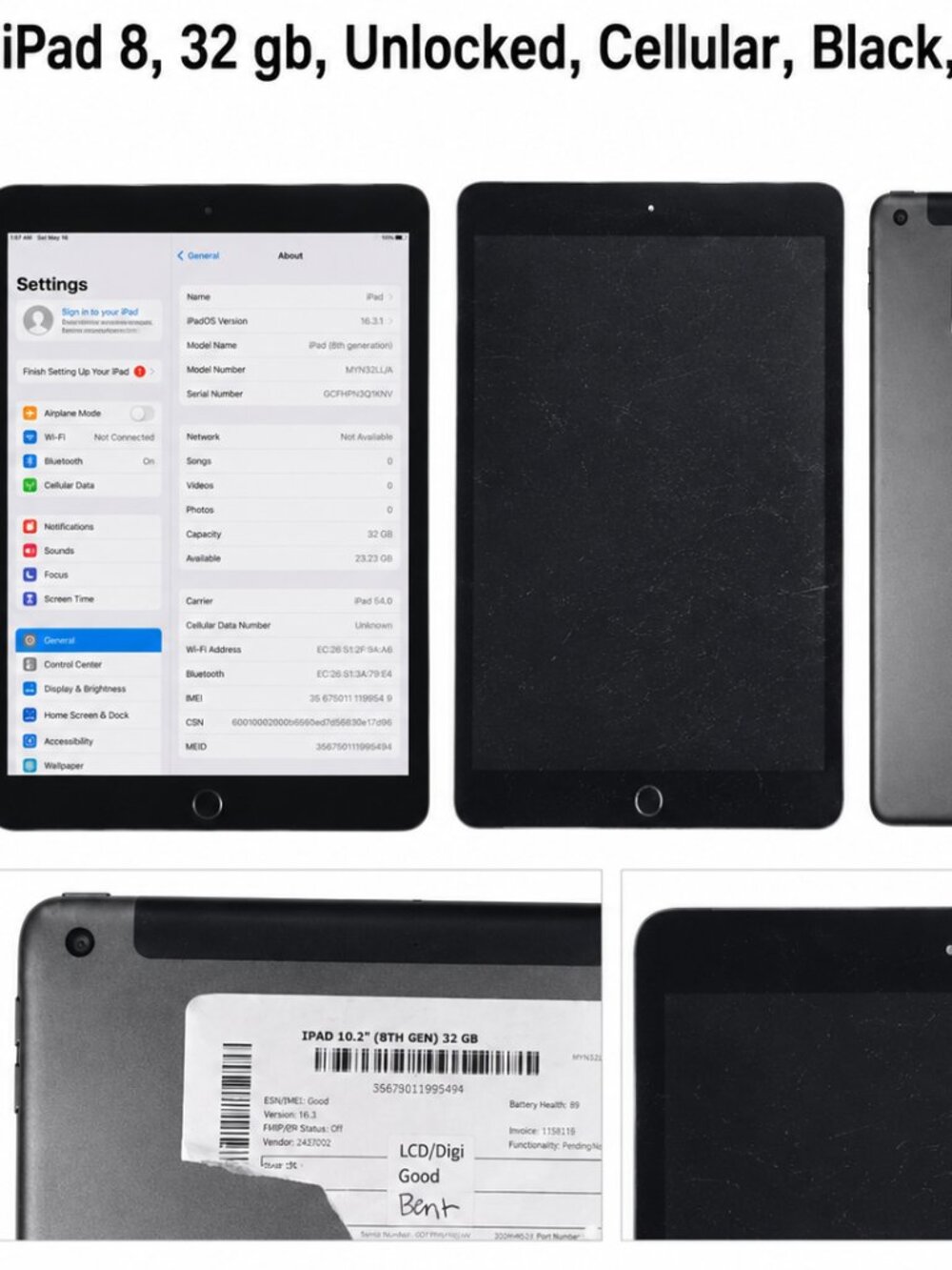 Apple iPad 8, 32 gb, Unlocked, Cellular, Black, #5D